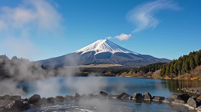 Mount Fuji view from outdoor steaming hot spring pool in Japan steaming lake with mount fuji in the background under a clear blue sky.
