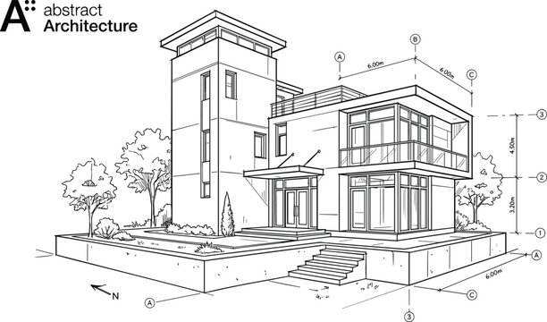 Professional architectural perspective of a modern multi-story villa featuring a vertical tower element, glass facades, and technical BIM annotations for site planning and measurement.