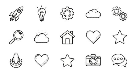 A collection of simple black line icons representing various concepts including technology, emotions, and creativity displayed on a clean background from a straightforward viewpoint © Steven