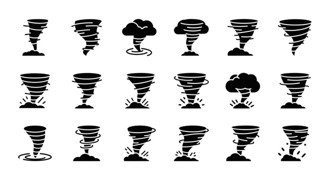 Tornado Illustrations Showcasing Various Stages and Forms of Twisters in a Grid Layout