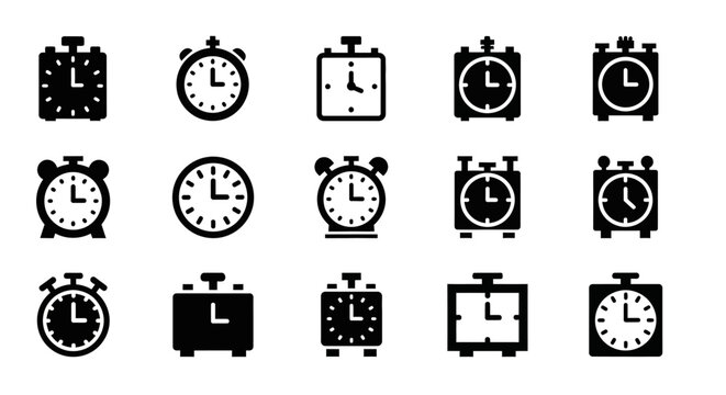 Collection of various alarm clock icons displayed on a clean white background from a straightforward viewpoint
