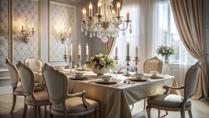 Fototapeta premium A photo of an elegantly arranged dining table with highback chairs, crystal chandelier, and fine china dishes on a pristine white linen tablecloth T