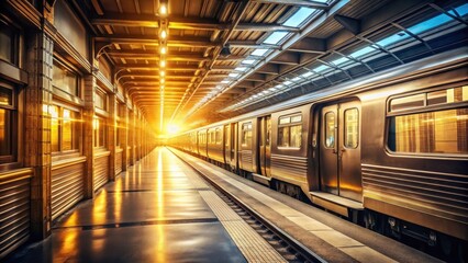 A photo of a subway train pulling into a station at sunset, casting long shadows through the large windows, golden light filtering down onto the track