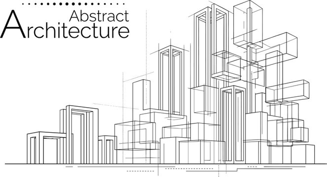 Professional architectural wireframe of modular cubic volumes and vertical frames for abstract city building background