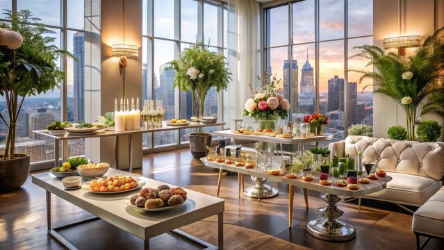 A photo of an elegant indoor garden party setup with various canapes and scenic views, minimalist decor, large windows with cityscape view, modern fur