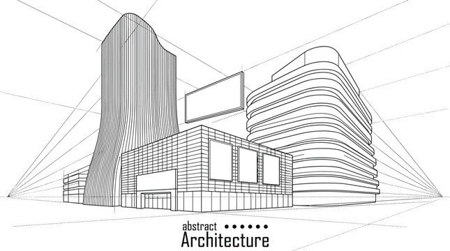 Professional architectural wireframe of organic curvilinear skyscrapers and modern commercial buildings with billboard facades and technical lines