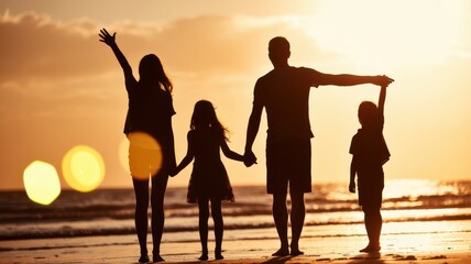 Silhouette of a cheerful family enjoying a beach sunset, with parents and children holding hands by the ocean.