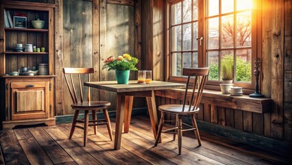 Fototapeta premium A photo of a wooden table in a rustic cafe, with aged wood grain and charming distressed finish Durable structure supports a single chair Warm tones