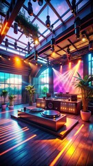 A photo of a dimly lit nightclub with an DJ standing on a stage, surrounded by speakers and a large screen playing music, the atmosphere filled with e