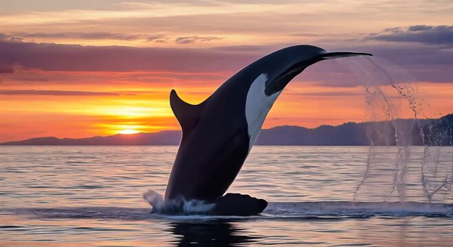 orca breaching at sunset over the ocean with distant mountains