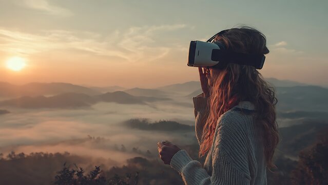 Young Woman Using Virtual Reality Headset in Modern Lifestyle Setting