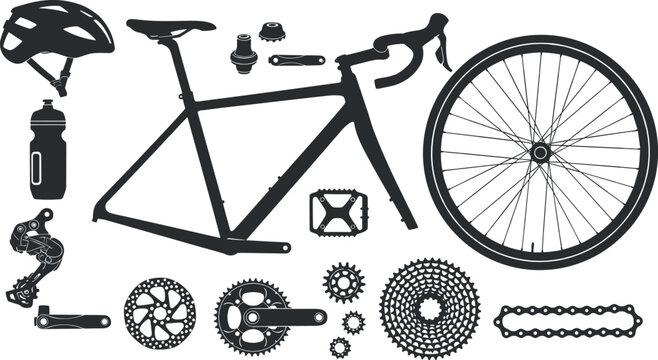 Solid black vector silhouettes of bicycle components including road bike frame wheel gears chain and safety helmet