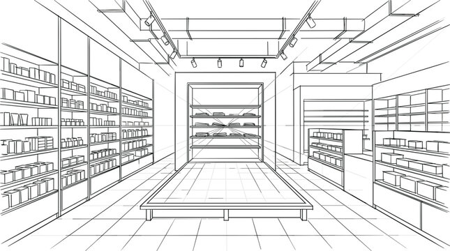 Technical one-point perspective of a minimalist retail pharmacy or cosmetics store featuring floor-to-ceiling shelving, a central display island, and industrial track lighting.