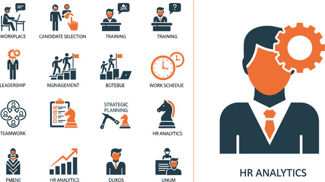 Two-tone icons for HR analytics strategic planning candidate selection workforce management and professional leadership development concepts