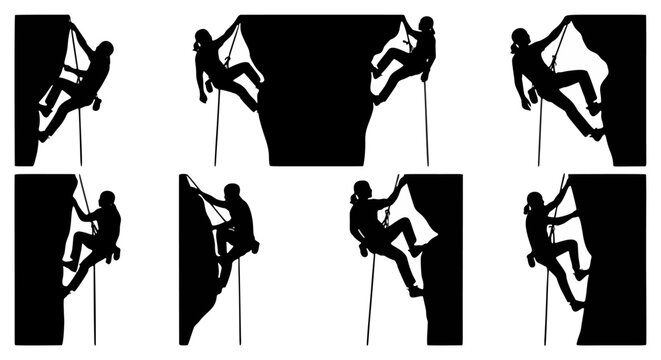 Seven Black-and-White Silhouettes of Climber in Dynamic Mid-Action Rock Climbing Graphic Showcasing Vertical Ascent, Energy, and Varied Positions on Rock Face