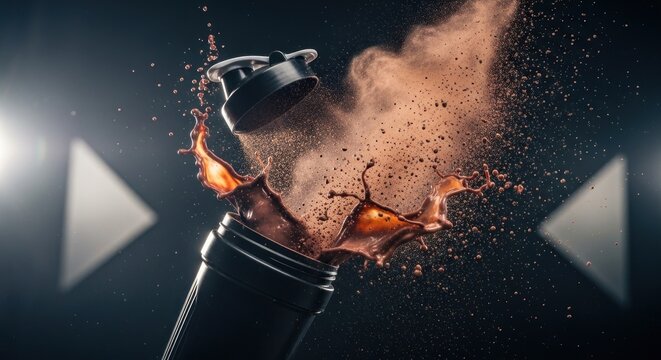 A black shaker bottle with a brown powder or protein shake exploding out of it against a dark background.