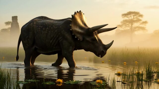A large triceratops walks through a serene misty lake landscape with trees and vegetation at sunrise