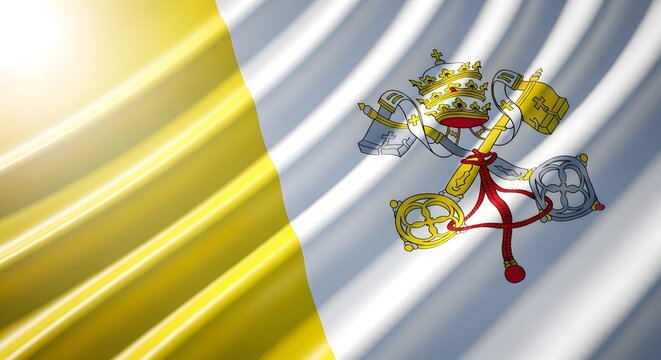 Waving flag of Vatican City with sunlight, showing the papal tiara and crossed keys of Saint Peter on the white and yellow fabric.