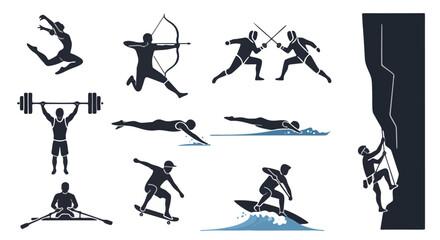 Black Figures Capturing Surfing Poses on a White Background for High-Energy Sports Visuals