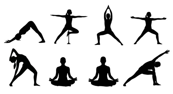 Eight black silhouettes of people practicing yoga in diverse poses, arranged in two rows as an illustrative collection showcasing flexibility and postural variety in yoga exercises.