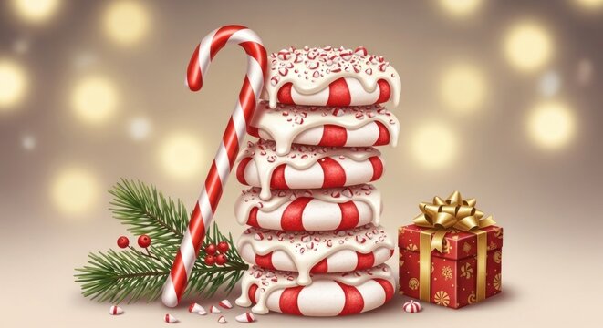 A stack of peppermint candies and a wrapped gift box with a gold bow on a blurred background with bokeh lights.