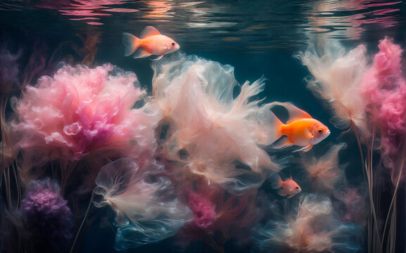 A fantasy underwater scene with goldfish and flower-like sea anemones.