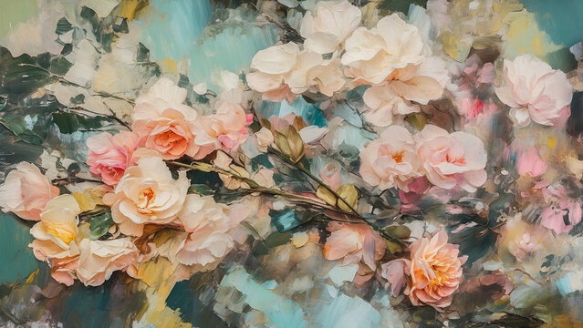 An abstract oil painting of a flower bouquet.