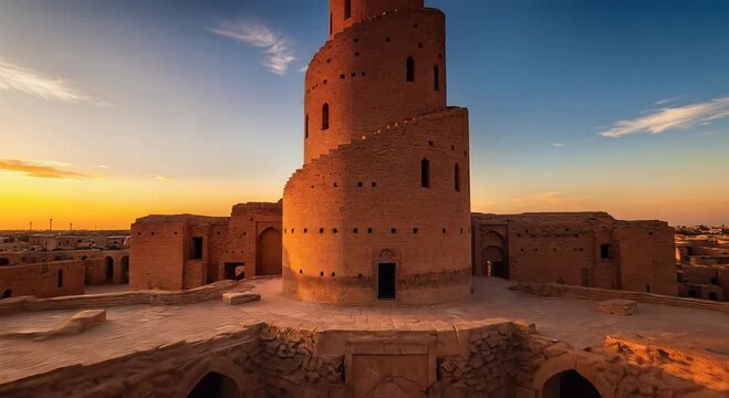 sunset at malwiya spiral minaret in samarra ruins, desert cityscape and historic architecture