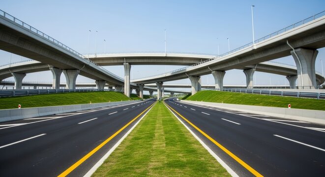 Modern Highway Interchange Under Clear Blue Sky With Empty Roads And Green Medians