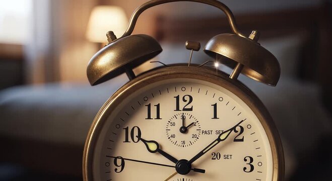 vintage bedside alarm clock in warm bedroom ambiance