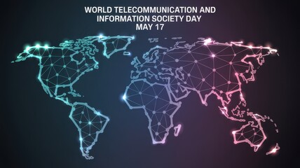 Naklejka premium World Telecommunication and Information Society Day poster with glowing global network map