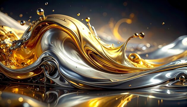 Abstract Dynamic Splash of Molten Liquid Gold and Silver Metallic Waves with Reflective Droplets