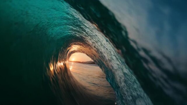 Surfer Riding Ocean Wave at Sunset.
