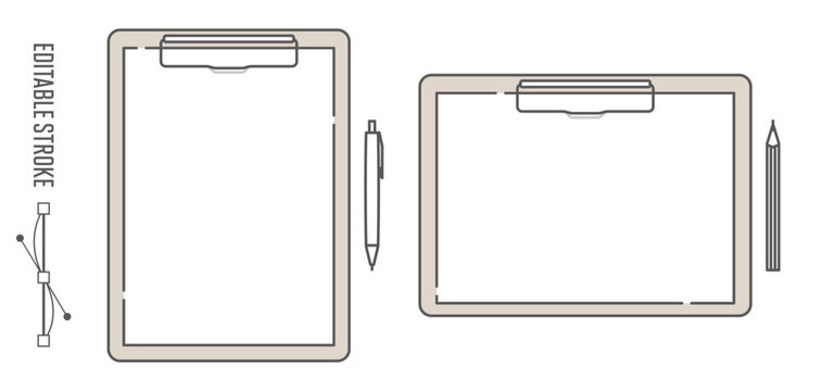 縦型・横型クリップボードと、ペン・鉛筆のシンプルな線画イラスト