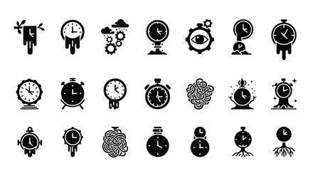 Collection of various clock and time-related icons displayed on stands in a grid pattern © John