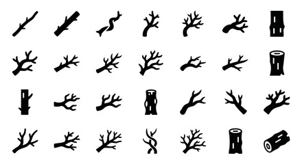 Collection of black silhouettes of tree branches and logs arranged in a grid pattern on a plain background viewed from directly above © John