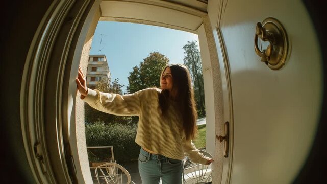 Woman Exiting House Through Open Doorway.