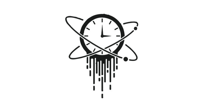 Abstract clock face orbits like an atom with time melting downward in black ink drips representing temporal flow.