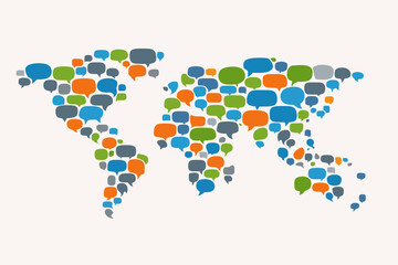 Fototapeta premium World Map Made of Colorful Speech Bubbles for Global Communication Concept. International Language, Social Media Networking, and Diversity Illustration. Flat Vector Design on Light Background.