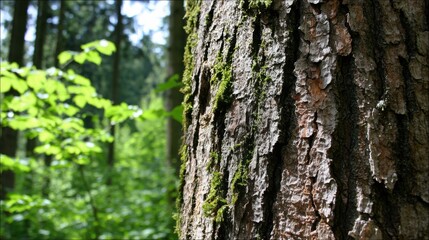 Obraz premium Close-up of Gnarled Oak Tree Bark with Lush Moss and Deep Crevices in a Forest Setting