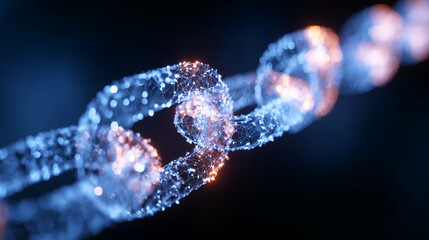次世代のセキュリティを表現した光り輝く複雑なノードが連鎖するブロックチェーンの抽象イメージ