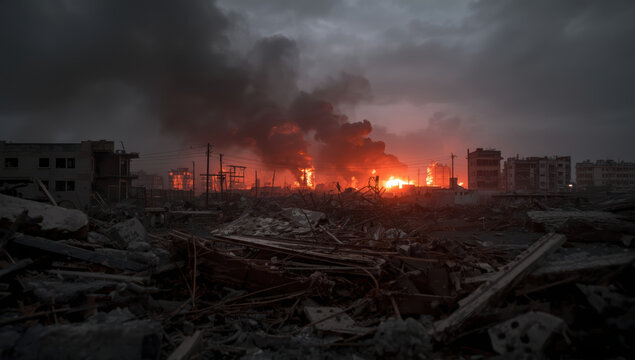 Burning industrial area at dusk with thick smoke and ruined foreground