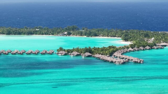 Bora Bora Island, French Polynesia. Drone Shot of Exclusive Luxury Tropical Resort Bungalows and Villas
