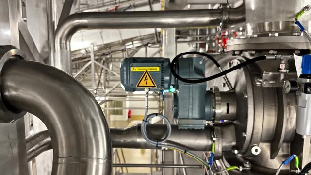 Close-up of stainless steel pipework with motorized valve actuator and high voltage warning in an industrial plant, showing process automation, safety, and modern engineering infrastructure.