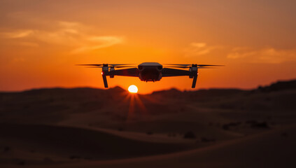 Drone silhouette hovering over desert dune at sunset with warm orange glow