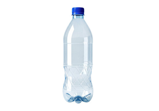 empty transparent pet plastic bottle sealed with a vivid deep blue cap, showing scuff marks, isolated on a sterile white background with copy space, hyper-photorealistic product shot. symbolic