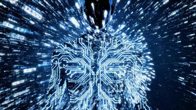 A futuristic representation of a human body with a glowing blue circuitry pattern