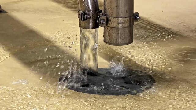 Close-up of water flowing from a stainless steel pipe into a drain on an industrial floor, splashing and swirling&mdash;sanitation, wastewater, and cleaning process in a factory.