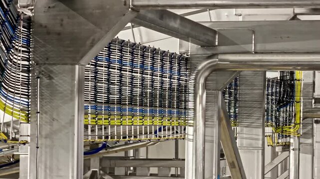 Close-up of industrial cable trays with bundled wiring and stainless steel ducting in a factory ceiling area, showing electrical infrastructure, automation network, and engineering installation.