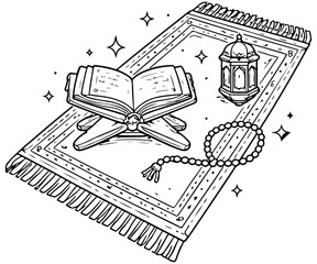 Fototapeta premium Holy Quran on Prayer Mat with Tasbih and Lantern Coloring Page